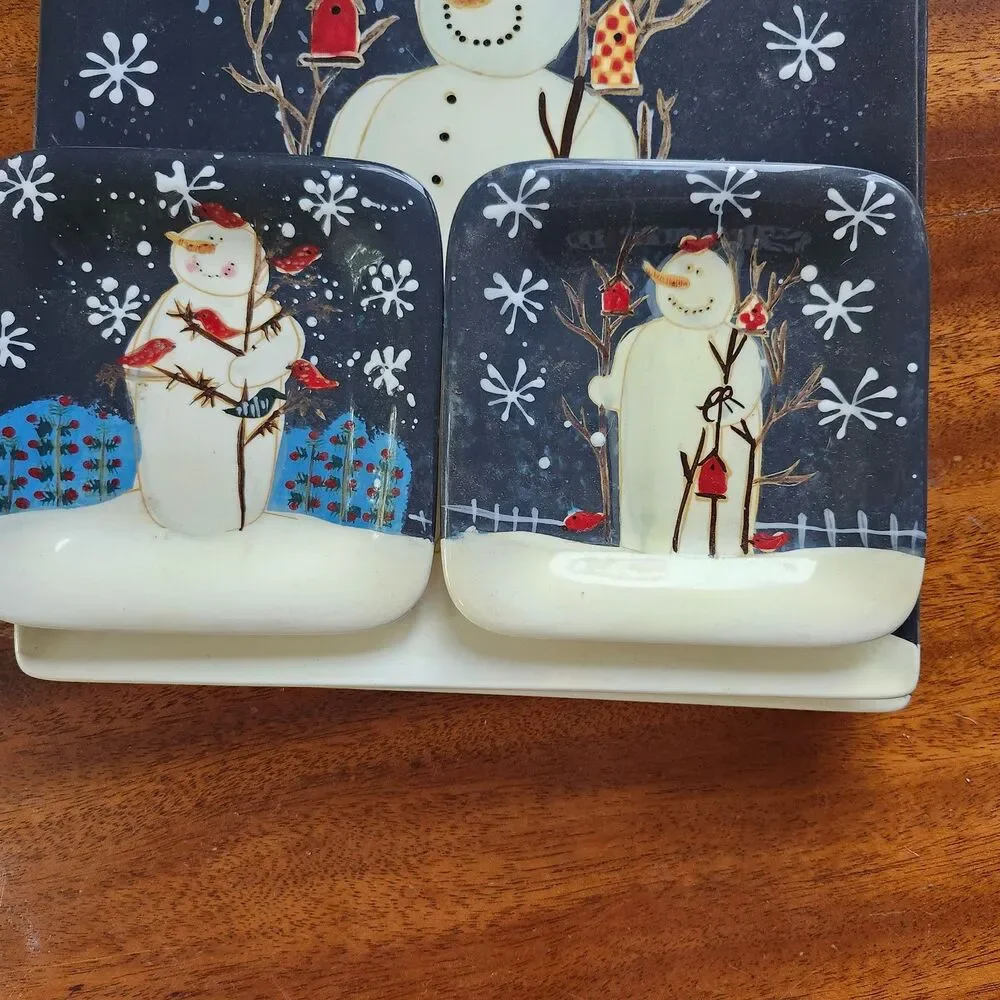 Twilight Snowman Mary Beth Baxter Holiday 4 Plates  2 Dinner & 2 Appetizers